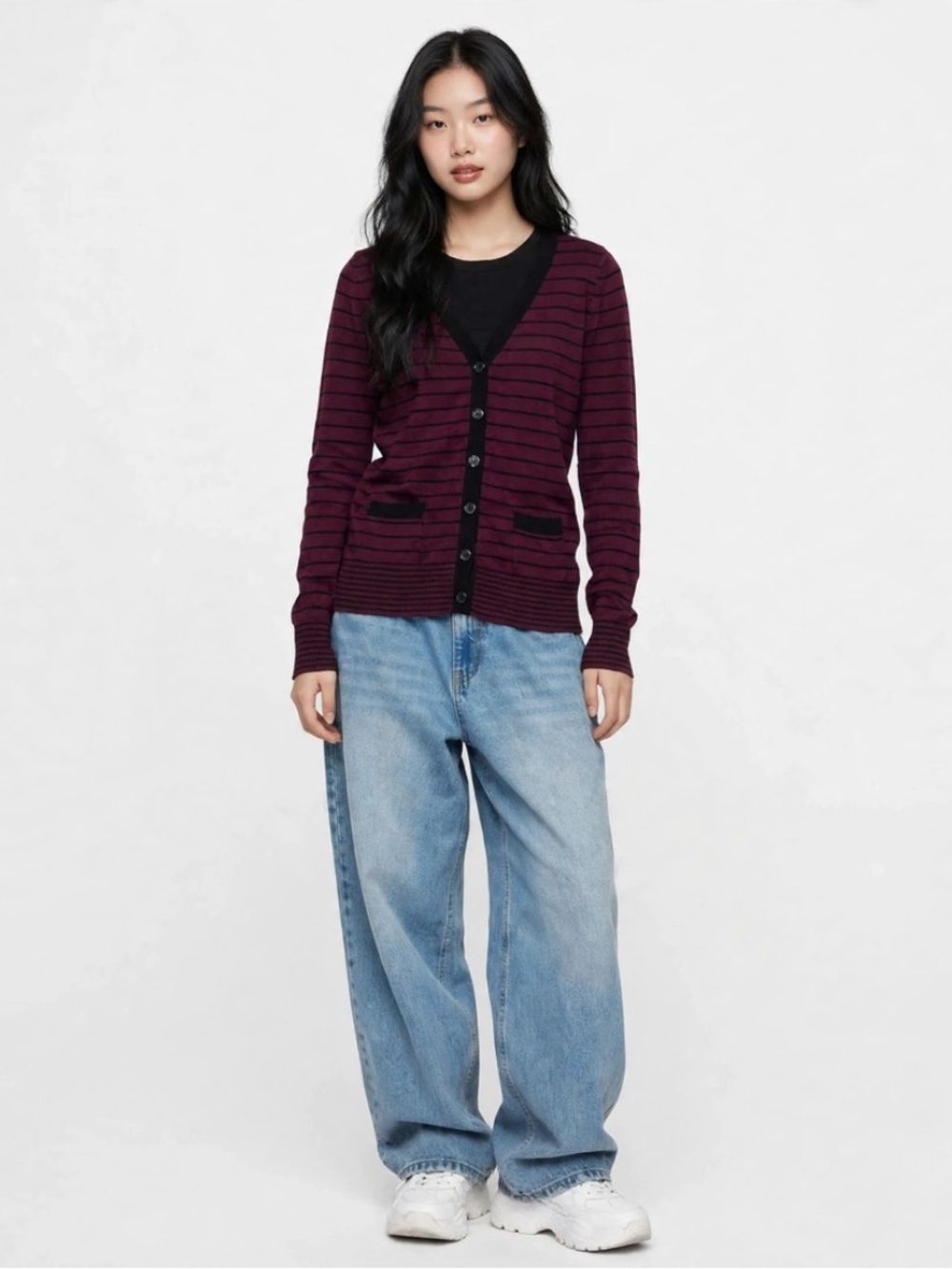 Reitmans Plum and Black Striped V-Neck Cardigan
